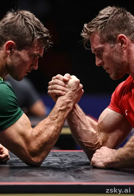 A cinematic arm wrestling match between two strong competitors sitting across a table.