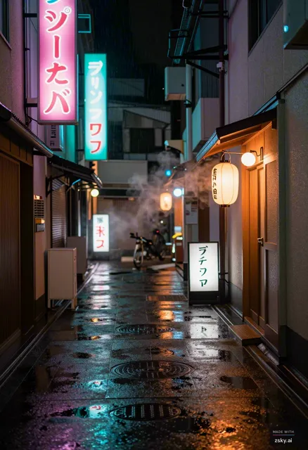 Wide cinematic anamorphic shot of an empty Tokyo back alley at night, neon kanji signs flickering pink and cyan above wet…
