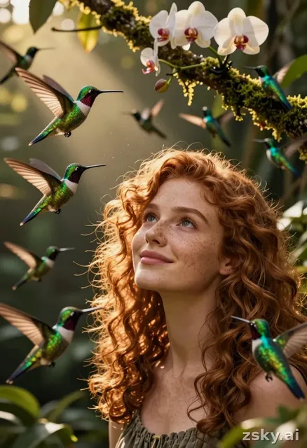 Cinematic close-up of a young woman with curly auburn hair and freckled skin, standing in a sun-dappled jungle clearing at…