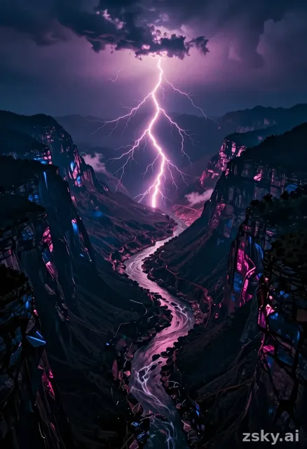 Wide aerial cinematic shot of neon-pink lightning rivers flowing through deep dark mountain valleys at night, the bolts…