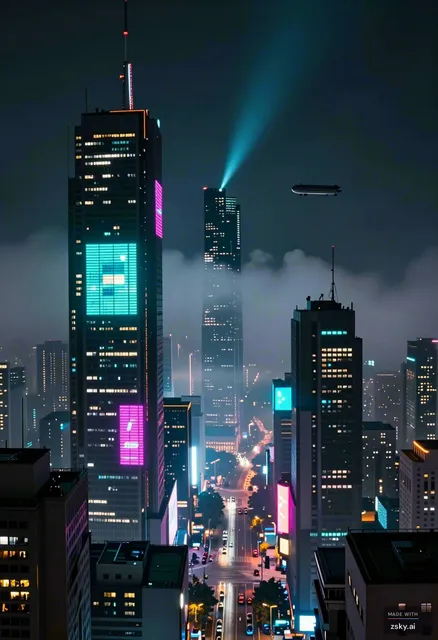 Wide bird's-eye establishing shot of a cyberpunk megacity at night, towering neon skyscrapers piercing through a low rolling…