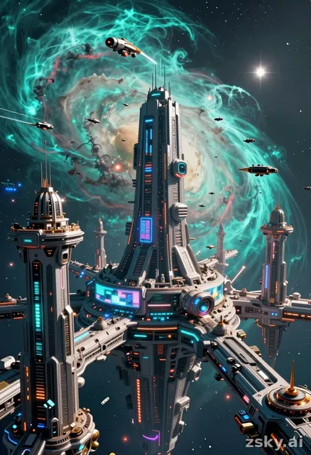 Massive futuristic space city orbiting a vibrant teal nebula, enormous floating megastructures with glowing neon lights and…