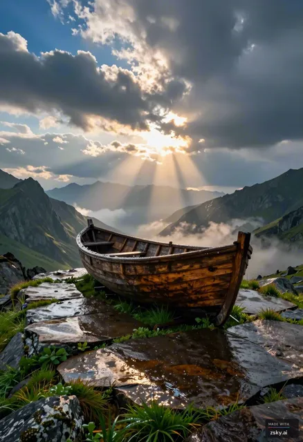 A photorealistic wide-angle landscape capturing the serene aftermath of a heavy rainstorm atop a rugged, high-altitude…