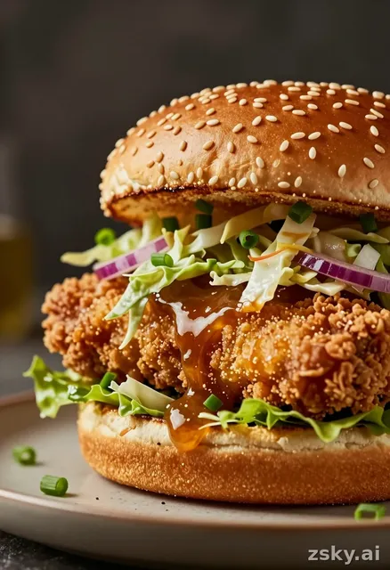 Cinematic close-up video of a gourmet crispy chicken burger being assembled, sesame bun toasted with golden brown edges…