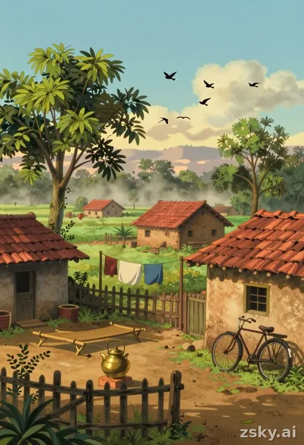 Golden morning light spills over a 1990s Indian village, casting a warm amber glow on mud houses with red tiled roofs.