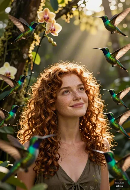 Cinematic close-up of a young woman with curly auburn hair and freckled skin, standing in a sun-dappled jungle clearing at…