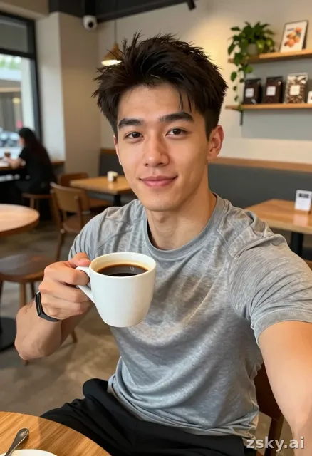 A casual, eye-level selfie portrait captured with a smartphone lens, featuring a young athletic man with short dark hair and…