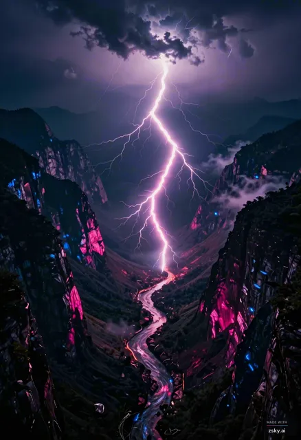 Wide aerial cinematic shot of neon-pink lightning rivers flowing through deep dark mountain valleys at night, the bolts…