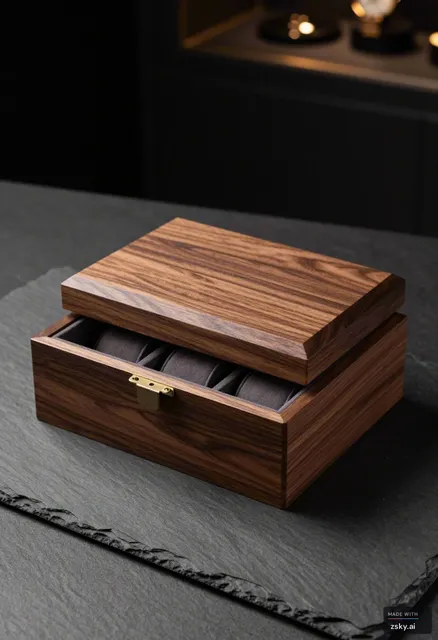 A photorealistic product photography shot of a premium walnut wood watch box, designed for elegance and storage.