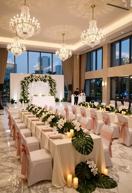 A photorealistic architectural visualization of a luxurious wedding reception in the Grand Ballroom 1 of the Sheraton Hotel…