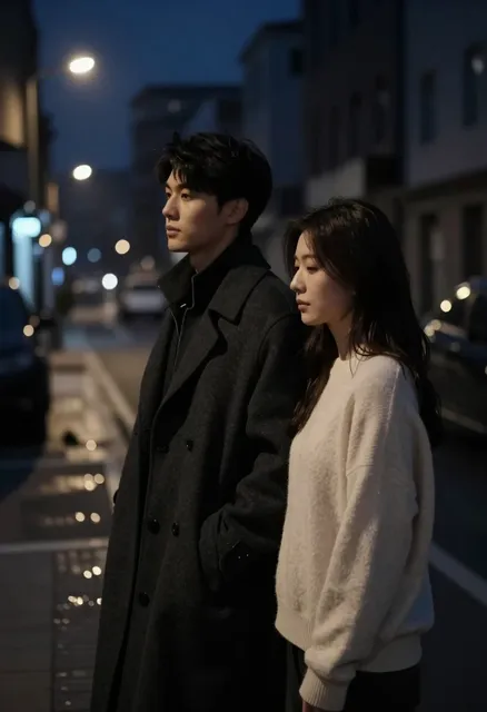 A photorealistic romantic portrait captured in a dimly lit urban setting during the late night hours.