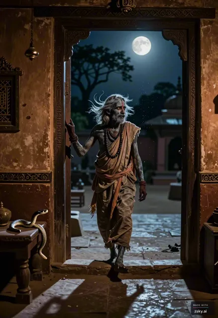 A photorealistic cinematic sequence capturing the eerie and mystical journey of an Aghori ascetic within a traditional…
