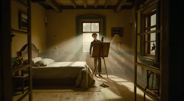 A cinematic, emotional scene inside Vincent van Gogh’s bedroom in Arles.