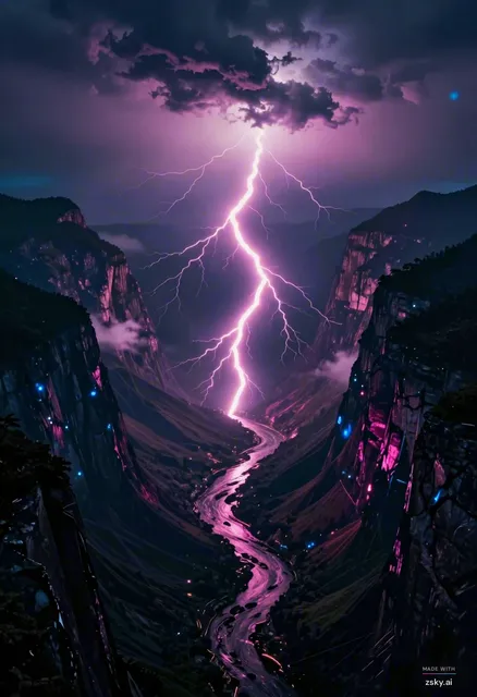 Wide aerial cinematic shot of neon-pink lightning rivers flowing through deep dark mountain valleys at night, the bolts…