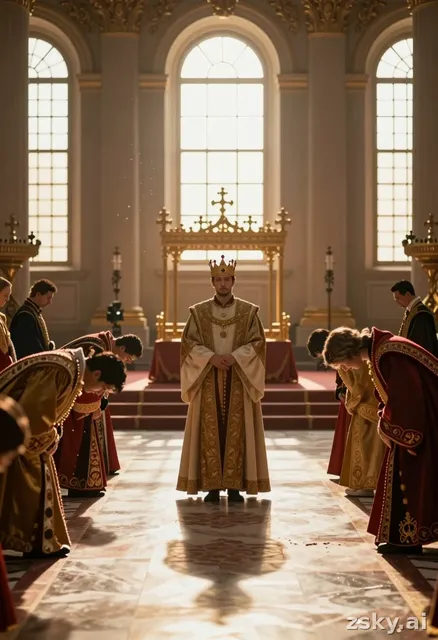 A slow, smooth cinematic camera pan across a grand royal court, capturing the solemnity of the scene.
