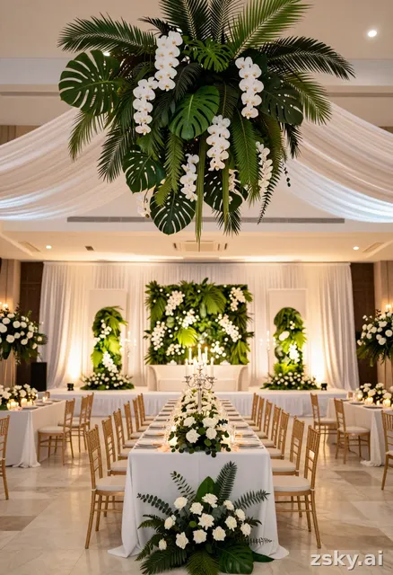 A photorealistic wide-angle interior shot of the Grand Ballroom 1 at the Sheraton Hotel Petaling Jaya, transformed into an…