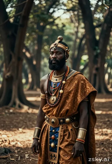 A regal black African prince with a strong, handsome face and a thick black beard, draped in intricate royal warrior attire…
