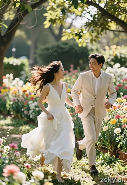 A candid lifestyle photograph capturing a joyful engaged couple running hand-in-hand through a lush flower garden, embodying…