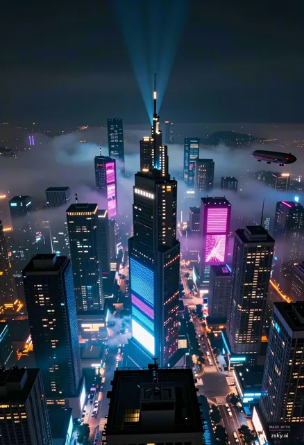 A breathtaking wide-angle aerial view of a sprawling cyberpunk metropolis at night, where towering skyscrapers pierce…