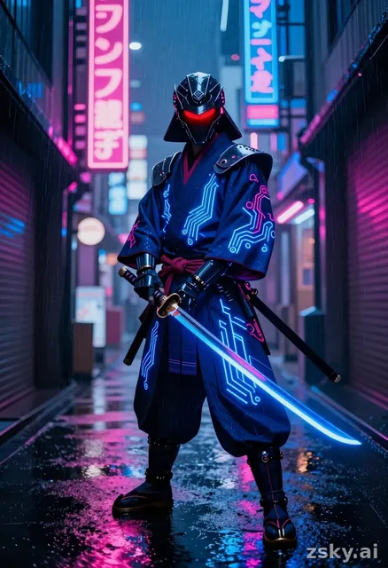 A cinematic photographic image of a cyberpunk neon samurai warrior standing in a rain-soaked Tokyo alley, illuminated by…