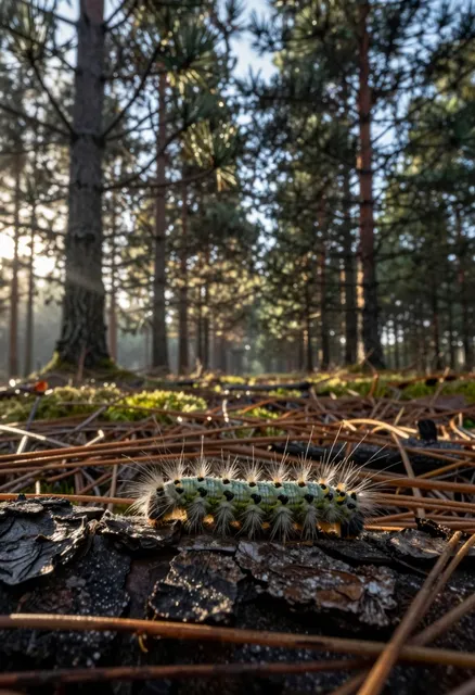 A pine processionary caterpillar crawls slowly on the forest floor, its fuzzy, segmented body covered in dense, hair-like…