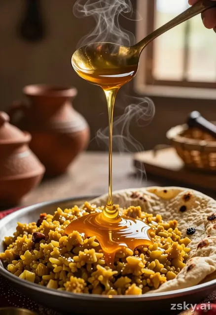 A photorealistic macro food photography shot, capturing the intimate and sensory-rich process of traditional Indian meal…