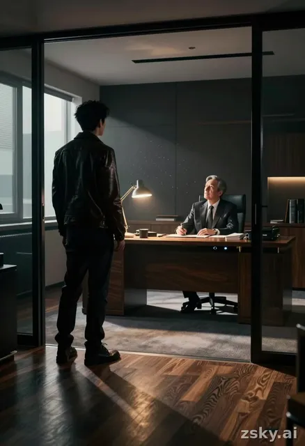 A cinematic wide shot of a dimly lit, modern executive office at night.