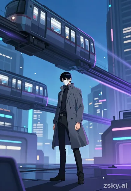 A dynamic anime-style illustration of a lone figure with a grey coat, white mask, and slickback black hair, standing calmly…
