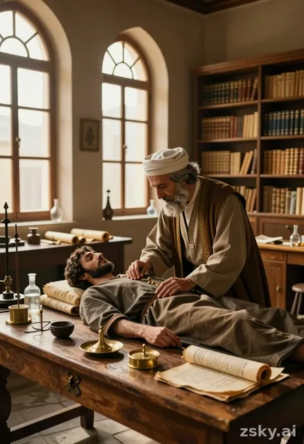 A meticulously detailed photographic image of ibn sina, the renowned Persian polymath, conducting a medical checkup in his…