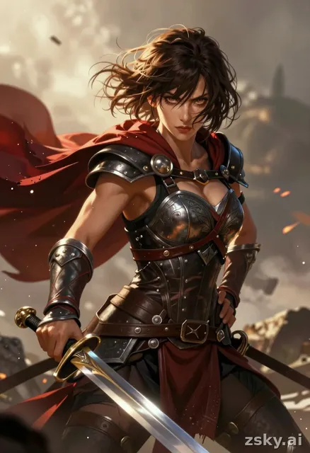 A photorealistic digital painting of a fierce female warrior standing in a dynamic combat stance.