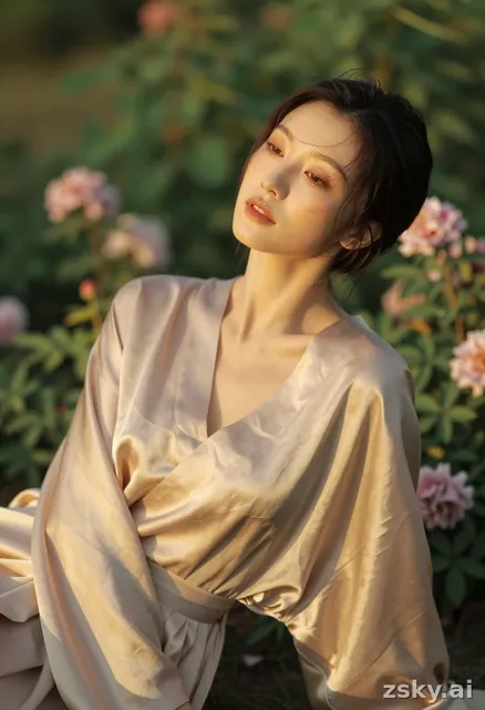 Elegant portrait of a woman in flowing silk fabric, captured in soft golden hour light, with warm amber tones casting gentle…