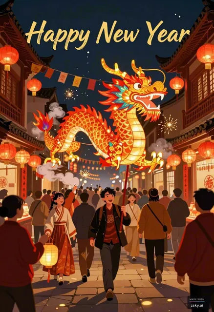 A vibrant, hand-drawn illustration in the style of a traditional Chinese New Year festival poster, featuring bold reds and…