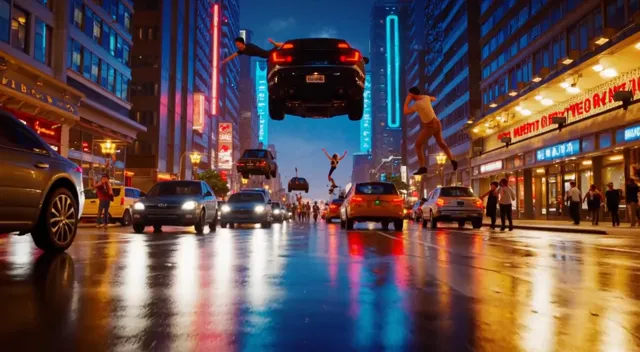 People floating in air, cars drifting mid-air in a futuristic cityscape, chaotic movement of vehicles and pedestrians…