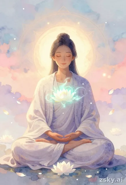 A serene and ethereal digital illustration in the style of soft watercolor blending with gentle luminous gradients, evoking…