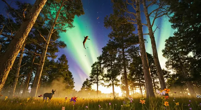 A serene natural landscape under the mesmerizing glow of the aurora borealis, with vibrant green and purple lights dancing…