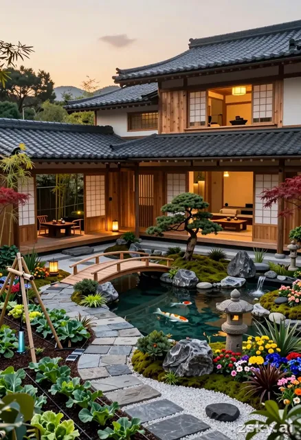 A luxurious Japanese house blending traditional and modern architecture, with multi-layer curved tile roofs, premium natural…