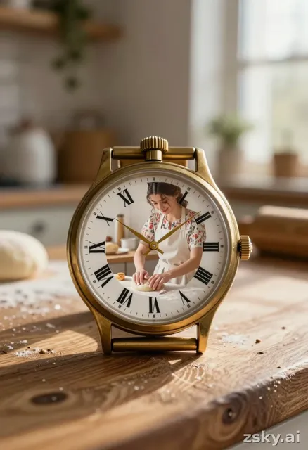 A photorealistic macro shot focusing on the intricate face of a vintage analog wristwatch resting on a rustic wooden kitchen…