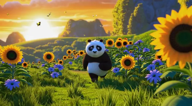 A vibrant 3D cartoon panda strolls into a lush, colorful farm under a golden hour sky, with warm amber light casting soft…
