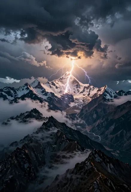 A breathtaking aerial drone shot captures the majestic, jagged peaks of the Himalayan mountain range under a turbulent, dark…