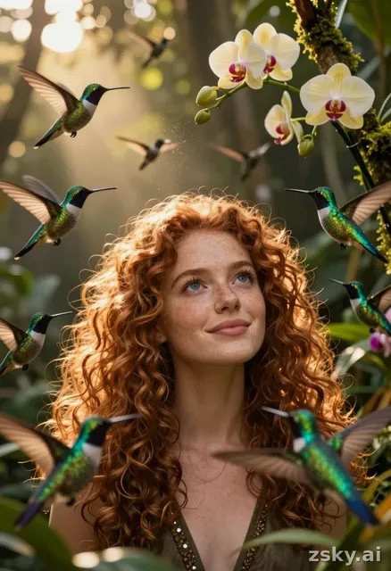 Cinematic close-up of a young woman with curly auburn hair and freckled skin, standing in a sun-dappled jungle clearing at…