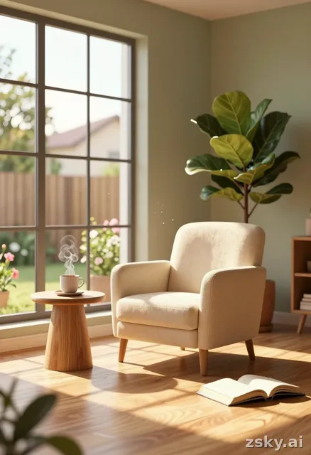 A photorealistic digital illustration of a serene, minimalist interior bathed in the warm, golden-hour light of late…