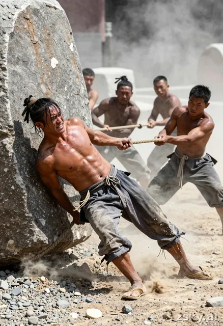 古代石場開闊粗獷，地面覆蓋碎石、砂礫與厚層粉塵。巨大的石塊表面粗糙破裂，帶有鑿刻痕與不規則棱角，被粗木滾軸或直接拖行於地面。石塊重量巨大，移動極為緩慢，每一次位移都伴隨低沉摩擦。…