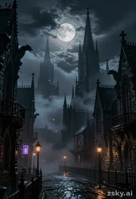A dark, atmospheric gothic cityscape rendered in a moody, painterly style reminiscent of Victorian etchings mixed with…