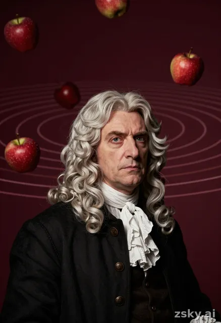 A high-quality vertical portrait of Isaac Newton in the foreground, looking thoughtful and realistic.