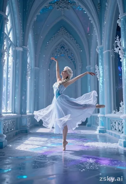 A photorealistic image of elsa from frozen dancing gracefully in a frozen palace corridor.