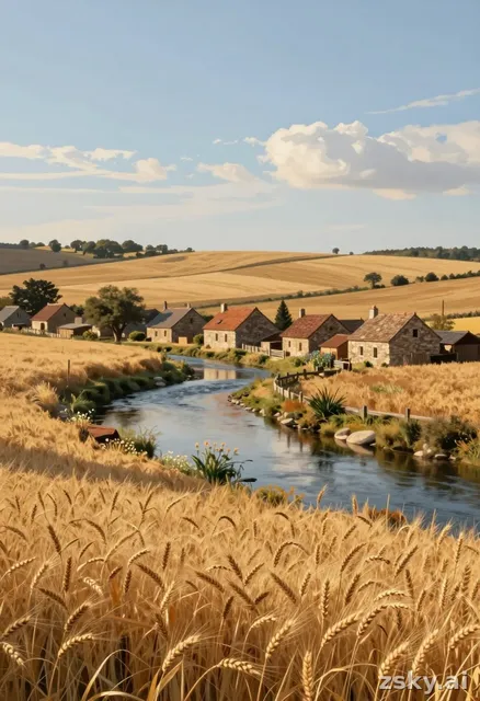 A serene and timeless pastoral scene depicting a rustic small village nestled along the gentle curve of a winding river…