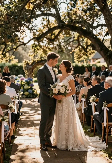 A photorealistic wedding ceremony captured in a warm, golden-hour setting with a romantic and timeless atmosphere.