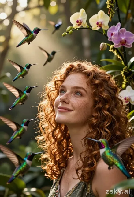 Cinematic close-up of a young woman with curly auburn hair and freckled skin, standing in a sun-dappled jungle clearing at…