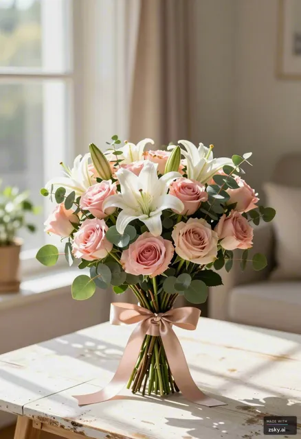 A photorealistic e-commerce product photograph of an elegant floral gift arrangement, meticulously styled for a high-end…