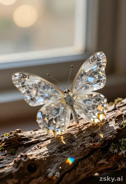 A photorealistic macro photograph capturing the intricate beauty of a single crystal butterfly resting delicately on a…